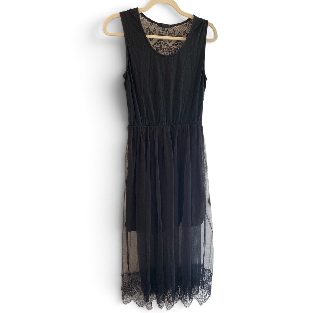 PRIPE Womens Black Lace Mesh Overlay Sleeveless Midi Dress Large